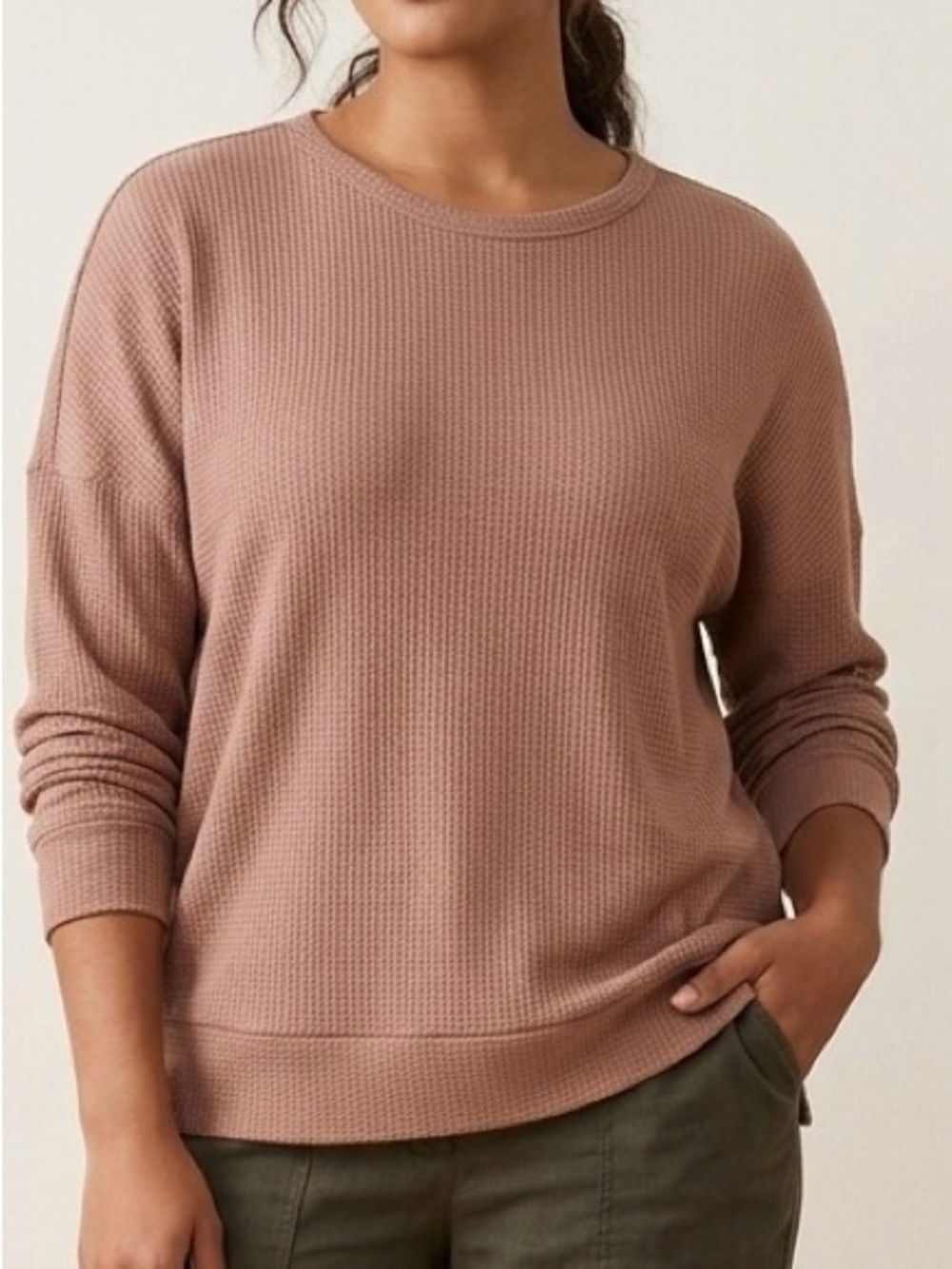 Cozy Waffle-Knit Crewneck Sweater - Dusty Rose